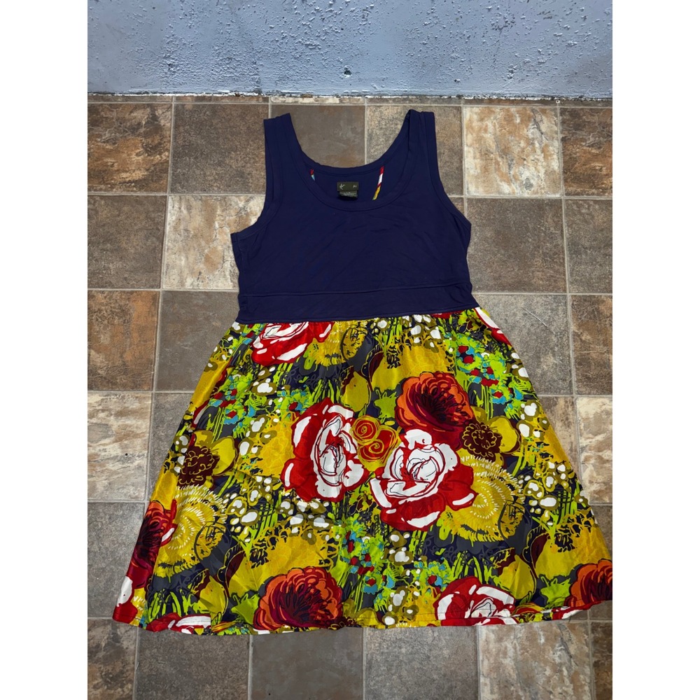 Fei Anthropologie Womens Navy Blue Floral Silk Skirt Mixed Media Dress Large